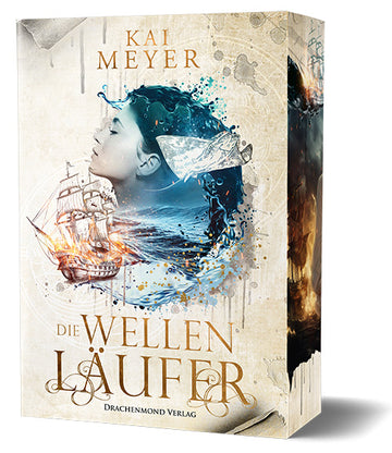 Das beige Cover zeigt mittig einen runden Bildausschnitt eines Meeres. Darüber ist eine Frau im Profil, umspielt von Wasser. An der rechten Seite befindet sich ein Rochen und links fährt ein großes brennendes Segelschiff in den Bildausschnitt. Der Titel steht in großen Buchstaben darunter.